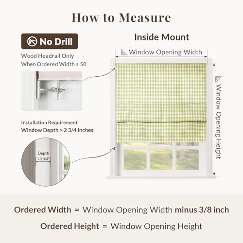 Image of TWOPAGES No Drill Cordless Buffalo Plaid Roman Shades Roman Blinds for Windows, Custom Made Room Darkening Country Checkered Blinds Farmhouse Shades, Olivine Small Plaid, 1 Piece