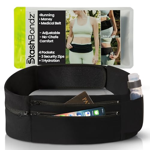 StashBandz Adjustable Running Belt - 3 Zippered Pockets + Water Bottle Holder, No-Bounce Travel...