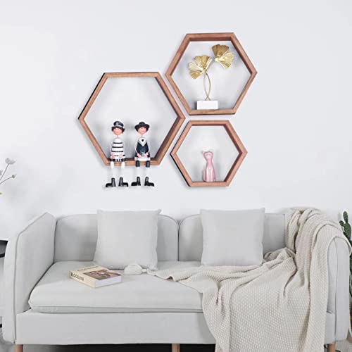 PHOENANCEE Hexagon Floating Shelves, Wooden Wall Mounted Hexagonal Shelf - Image 2
