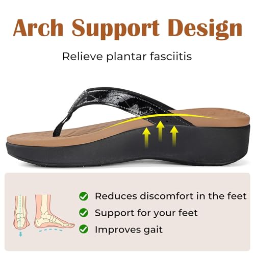 Image of Womens Platform Arch Support Flip Flops | Summer Wedge orthotic Slide Sandals footbed Thong Sandals for Pool Beach