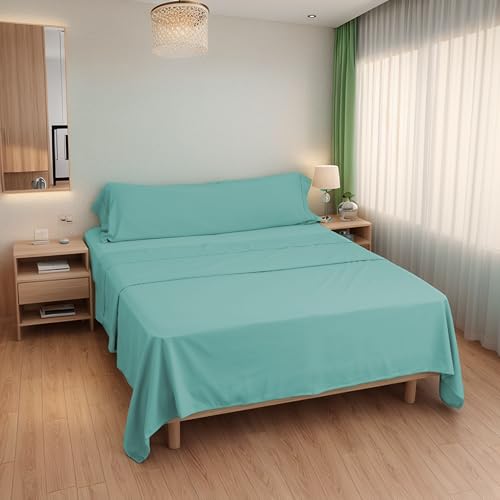 Etrexonline Juego de Sábanas 3 Piezas para Cama de 90 cm - Microfibra Ultra Suave, Incluye 1 Bajera Ajustable, 1 Encimera y 1 Funda de Almohada - Color Liso Agua