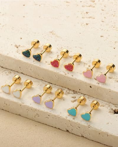 Screw Back Earrings for GirIs Women 12Pack, Hypoallergenic 14K Gold-plated Star Heart Surgical Steel Stud Earrings Flat Back Earrings Hypoallergenic for Sensitive Ears Screw on Back Earring Jewelry Gift