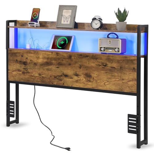 Image of Full Size Headboard with Storage Shelf, Charging Station, Adjustable Height | Particle Board & Metal Frame, for Bedrooms, 55 In Storage Shelf, 2 Outlets & 2 USB Ports, Adjustable Height, Rustic Brown