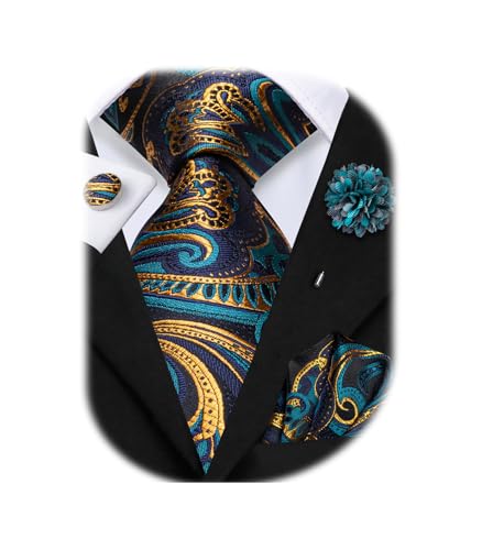 Image of Hi-Tie Men Silk Ties Set with Flower Lapel Pin Necktie Pocket Square Cufflinks for Tuxedo Wedding Business