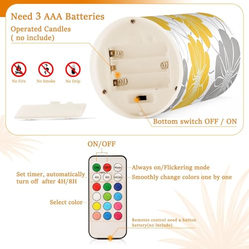 Image of Yellow Gray Flowers Flickering Flameless Candles LED Battery Operated with Remote Timer Pillar Candles for Home Birthday Wedding Christmas Decor, Set of 2