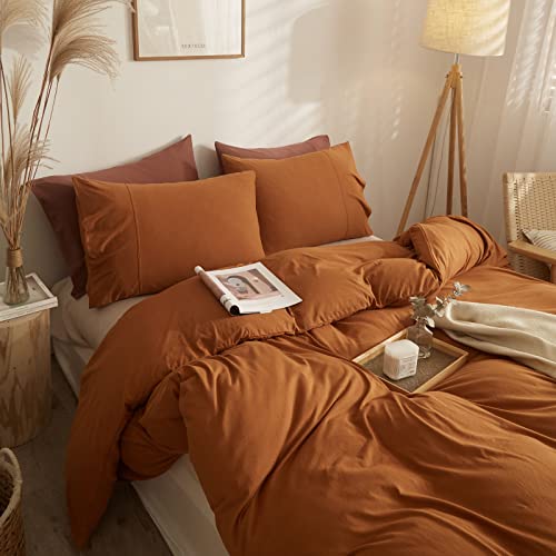 Mixinni Jersey Duvet Cover Queen Burnt Orange Queen Size Caramel Duvet Cover Set Knitted Cotton Bedding Comforter Cover Set For Queen Size Bed, Perfect For Him And Her-Easy Care, Soft And Durable #TOP1