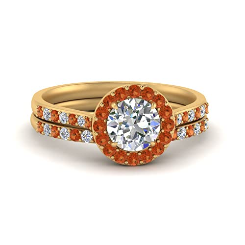 Image of Choose Your Gemstone Round Halo Ring with Matching Pave Band Yellow Gold Plated Round Shape Wedding Ring Sets Everyday Jewelry Wedding Jewelry Handmade Gifts for Wife US Size 4 to 12