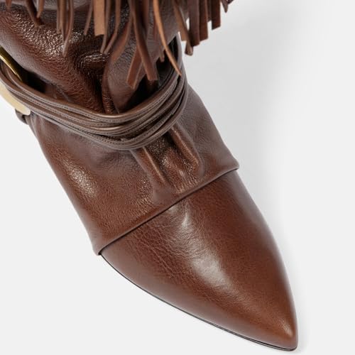 Brown Mid Calf Boots for Women Fringe Tassel Fold Over Cowgirl Boots Western Pointed Toe Kitten Low Heel Slouchy Pull On Fall Boots4