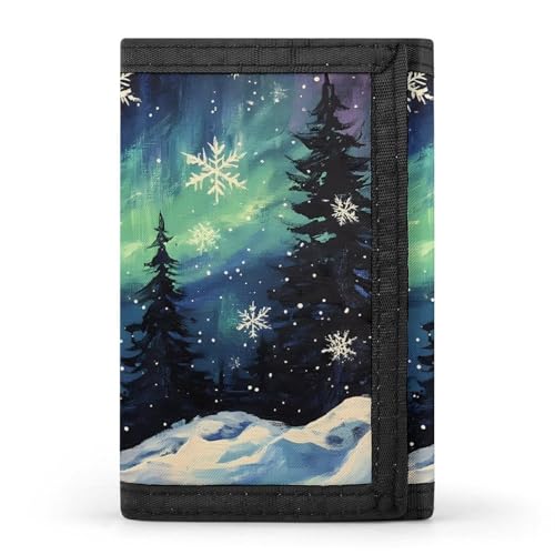 Northern Auroras Snowflakes Trifold Wallets for Men Women Ultra Thin Card Holder Purse with Zip Coin Pocket