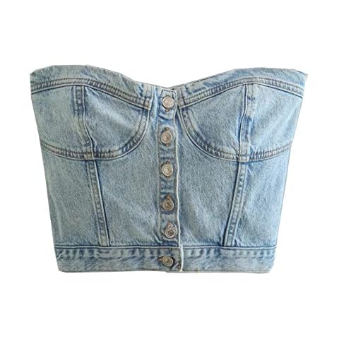 Sunloudy Women Denim Push Up Bustier Tube Top Strapless Button Up Corset Off Shoulder Crop Top Streetwear(#A Blue a,M) Cover