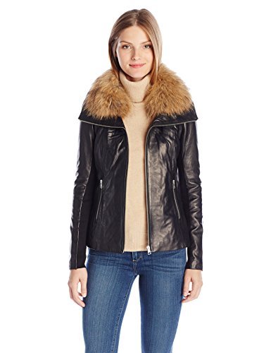 Soia & Kyo Women's Fionna Leather Jacket with Rib Knit Panels and Racoon Fur Collar, Black, Large