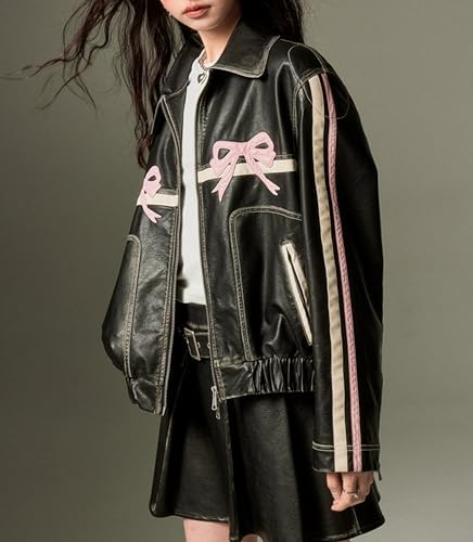 YELLOOP Bow Jacket Leather Bomber Jacket Faux Leather Jacket Women