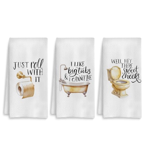 Fuasei Funny Hand Towels Set of 3, Cute Humorous Hand Towels for Bathroom Toilet Washroom Decor, Yellow Funny Bathroom Decor, 16x24 Inch