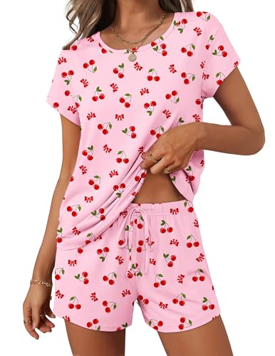 Image of Ekouaer Women 2 Piece Pajamas Set Short Sleeve Comfy Lounge Set Round Neck Tops and Shorts Pjs with Pockets