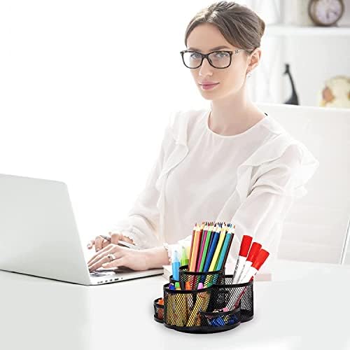 Pecco Pen Holder Desk Organizer, 360° Degree Rotating Desk Mesh Pencil Pot With 7 Compartments, Metal Stationary Organizer, Desk Tidy Large Desktop Supply Caddy Organizer for Office School Art