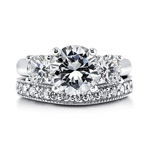 BERRICLE Sterling Silver 3-Stone Wedding Engagement Rings 2.4 Carat Round Cut Cubic Zirconia CZ Ring Set for Women, Rhodium Plated4