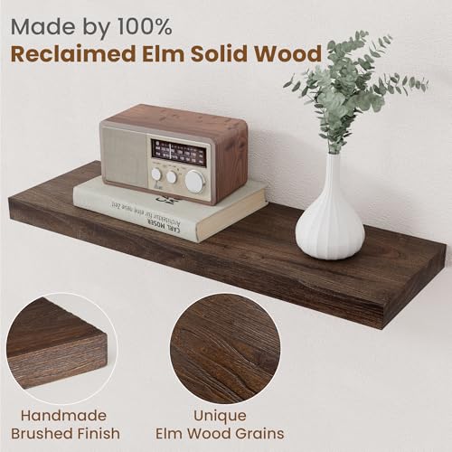 Image of Floating Shelves for Wall Decor, 8 Inch Deep Rustic Solid Elm Wood Floating Shelves Wall Mounted, Wall Shelves with Invisible Bracket for Living Room Bathroom Bedroom Kitchen, 24 Inch Set of 2, Walnut