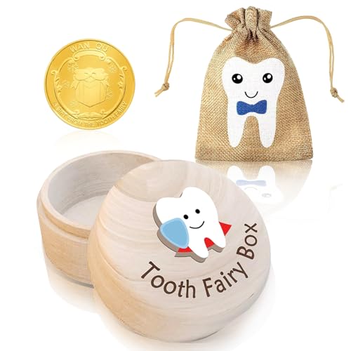 Image of VYNFLICK Tooth Fairy Box - Wooden Teeth Keepsake Collection Tooth Storage Container with Storage Pouch and Reward Coins for Kids First Lost Teeth and Fairy Gifts