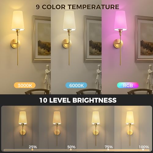 Image of DORESshop Battery Operated Wall Sconce Set of 2, Wireless Wall Light Easy to Install, 15 Color Rechargeable Wall Sconces, Sconce Wall Decor Set of 2 for Bedroom, Living Room, Gold, 27in
