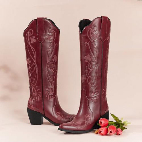 Image of wetkiss Knee High Cowboy Boots for Women, Stable and Comfortable | Western Style,Cowgirl Boots,Versatile,Pull On,Various Occasions,Non-slip Sole,Bohemian Rural Style
