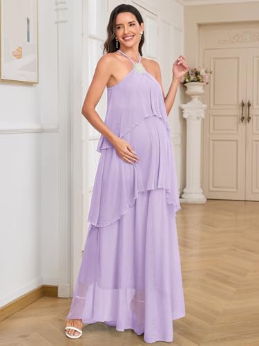 Image of AISWI Maternity Halter Neck Maxi Dress Sparkly Mesh Tiered Ruffle Pregnancy Gown with Flower for Baby Shower Photoshoot