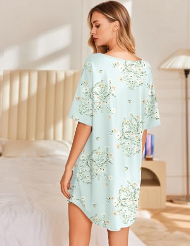 Image of Ekouaer Nightgowns for Women Bamboo Viscose Sleepshirt Short sleeve Nightshirt V Neck T shirt Night gown Boyfriend Sleepwear