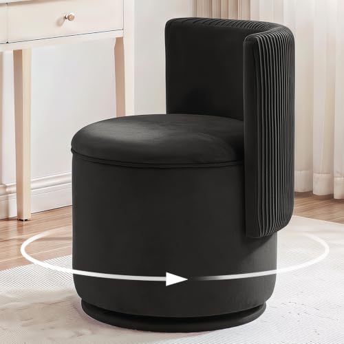 Image of Furniliving Velvet Vanity Chair with Storage, 360° Swivel Accent Chair with Wavy Back, Modern Barrel Vanity Stool Makeup Ottoman for Bedroom, Living Room