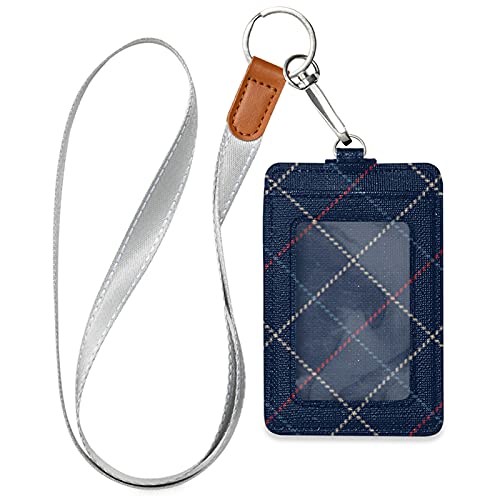 Otvee G267408583P485C520S1042 Navy Blue Check Plaid Badge Holder Vertical Leather Id Badge Holder cover