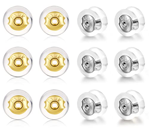 DELECOE Silicone Earring Backs for Studs and Hoops, Secure Locking for Heavy Earrings, Hypoallergenic Soft Clear (6Gold+6White Gold)