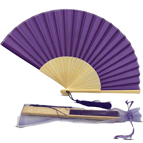 Image of Fabric Handheld Folding Hand Fan With a Tassel Grade A Bamboo Ribs for Women Girls Summer Party Event Favor Birthday Wedding Souvenir Gift (Dark Royal Purple)