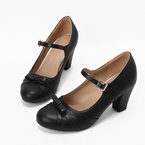 Women's Mary Jane Vintage Heels 1920s Chic Bow Wide Platform Pumps Round Closed Toe 1950s Ankle Strap Elegant Comfortable Formal Dress Shoes Woman4