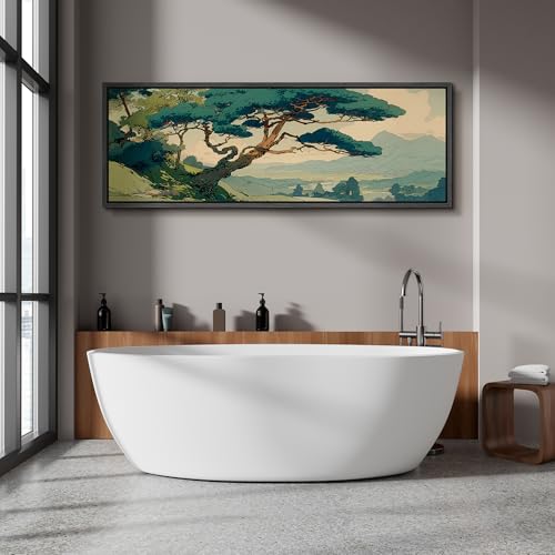 Image of MUDECOR Large Framed Canvas Print Wall Art Vintage Japanese Pine Tree Landscape Oriental Antique Retro Ready to Hang Painting for Living Room Bedroom Multi-Sizes - 60 inchx20 inch