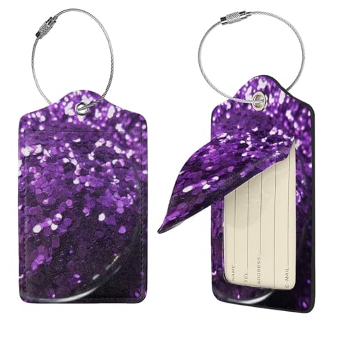 Étiquettes de bagage violettes paillettes cuir synthétique et acier x4