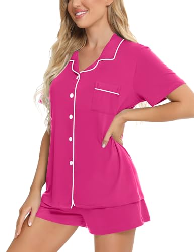 Image of SWOMOG Womens Button Down Pajamas Set Short Sleeve Sleepwear Bride Soft Pj Lounge Sets XS-3XL