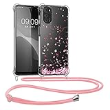 kwmobile Necklace Hülle kompatibel mit Motorola Moto G22 Hülle - Silikon Cover mit Handykette - Rosa Dunkelbraun Transparent Kirschblütenblätter