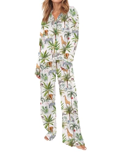 Image of SHESHOW Satin Pajamas Set for Women Set Long Sleeve Button Down Pjs Sets 2 Piece Loungewear Animal Sleepwear XS-XXL