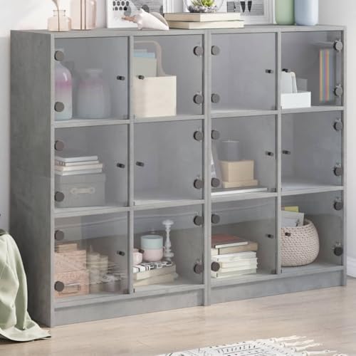 QUAHEAS Librería con puertas gris hormigón de madera 136 x 37 x 109 cm, 12 compartimentos, espacio para libros y decoración, moderno aparador buffet para salón y comedor