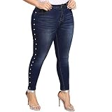ALLABREVE Women's Plus Size Pearl Detail Bleach Wash Stretch Skinny Jeans High Rise Slim Fit Washed