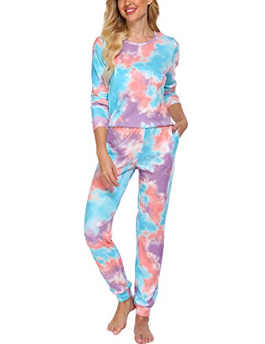Ekouaer Women's Tie Dye Printed Pj Set Sleepwear Two Piece Pajamas Tops with Long Sleep Pants Pjs Loungewear