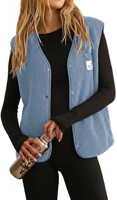 EVALESS Sherpa Fleece Running Vest for Women Snap Button Tops Light Blue L