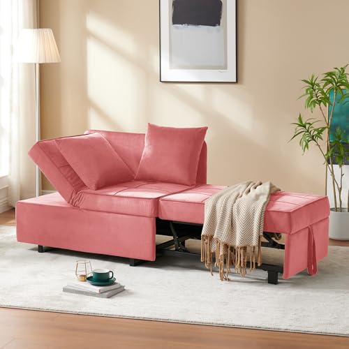 71" Convertible Sofa Bed, 4 in 1 Ottoman Bed Sleeper for Adults, Velvet Single Sleeper Chair Bed, Futon Pull Out Couch with Adjustable Backrest, Folding Loveseat for Living Room Apartment, Light Pink