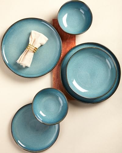 Image of 24 Pieces Dinnerware Set for 6 with Pasta Bowls, Complete Ceramic Dish Set, Stackable & Glossy Stoneware Plate and Bowl Set for Effortless Everyday Hosting, Green Black