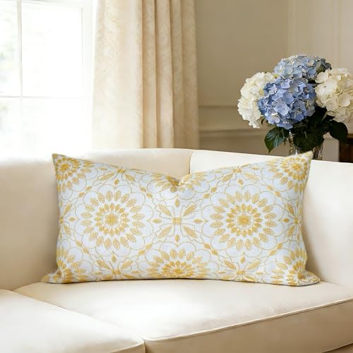 Slow Cow Linen Embroidery Lumbar Throw Pillow Cover Cushion Cover Floral Pattern Rectangular Pillowcase for Couch Bedroom 12 x 20 Inches Yellow Gold