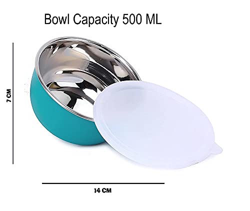 Image of Zaib Microwave Safe Stainless Steel Food Storage Bowl with Lid | Snack Serving Cooked Food Storage Container for Kitchen Capacity- 500 ML Each (Turquoise 14 cm 4 Pcs with Lid)