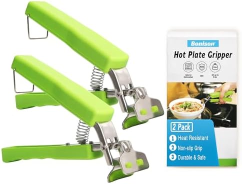 2 Pack Hot Plate Gripper Clips Holder Tongs for Moving Hot Plate Bowls Pizza Pan Air Fryer Microwave Oven with Food Out, Green