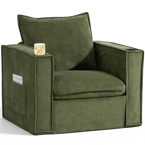 Image of Chenille Accent Swivel Chair with Cup Holders for Living Room, Green
