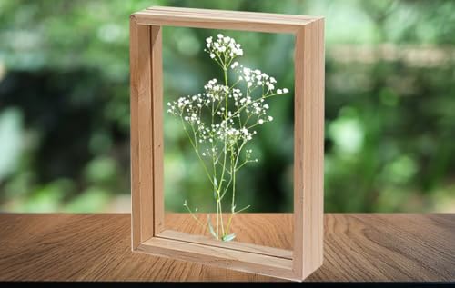 Image of Desi Rang Wooden Rectangular Frame For Wall Decor Table Top Hanging Any Green Or Dry Plant Leaf Picture Photo DIY Gift Home Decoration (Natural,Rec,8X12 Inch,With White Flower)