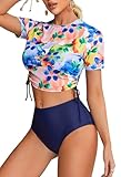 ATTRACO Women's Rash Guard Sets 2 Piece Crop Swim Top Tie Up Short Sleeves with Bottom Navy Flower Small