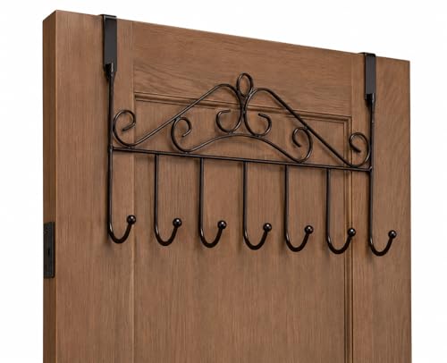 Tediline Door 7 Hook Rack - Elegant Scroll Design Black Finish - Over Door Hanger for Clothes Towels and Accessories - Multi-Purpose Towel Holder and Clothes Organizer