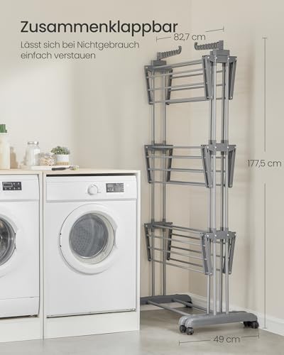 SONGMICS Wäscheständer, Standtrockner 4 Ebenen, ausziehbar, Flügelwäscheständer, klappbare Flügel, mit Rollen, 63,5 x (131-200) x 177,5 cm, groß, einfacher Aufbau, Taubengrau LLR704G01